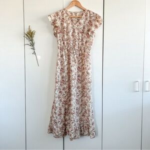 Floral Ruffle Sleeve Maxi Dress in Cream and Rust